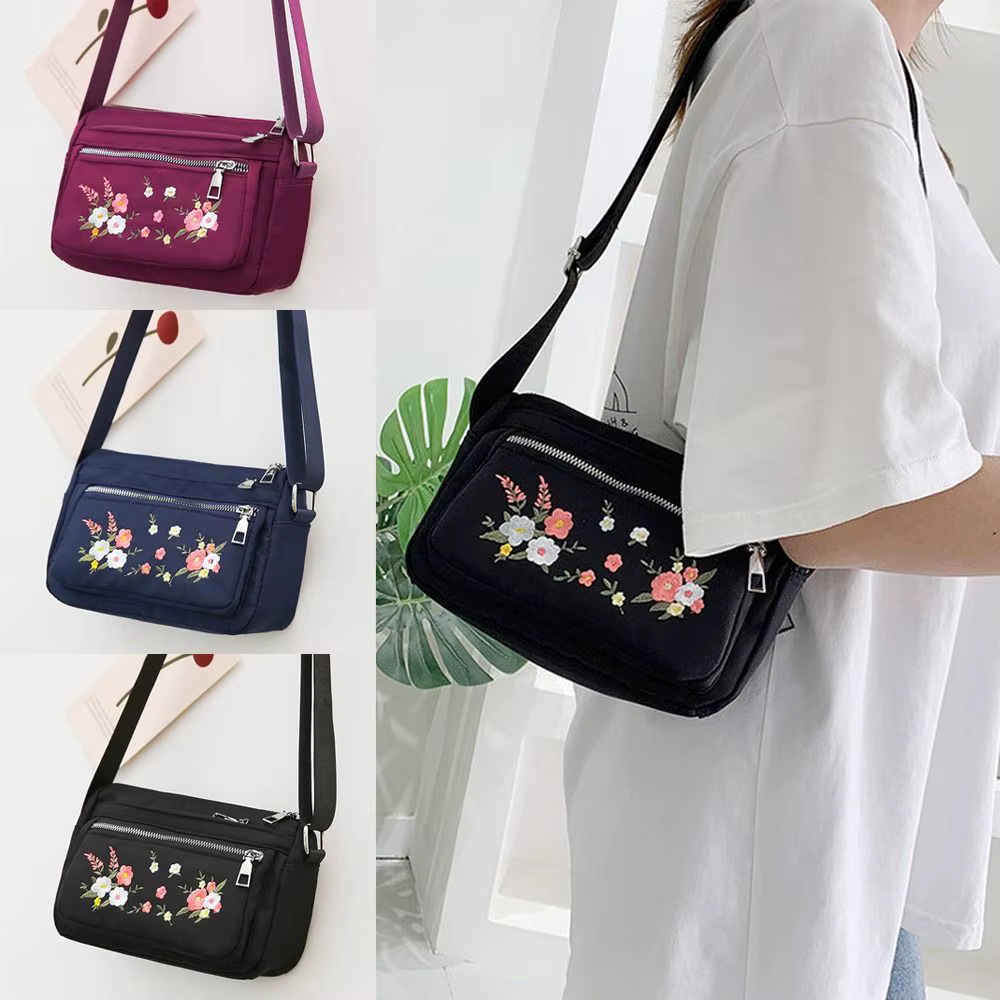 Bolso bandolera de nylon con bordado floral y cremallera - imagen 4