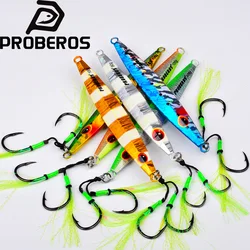 PROBEROS Slow Jig Metálico para Lubina en Agua Salada con Plumas