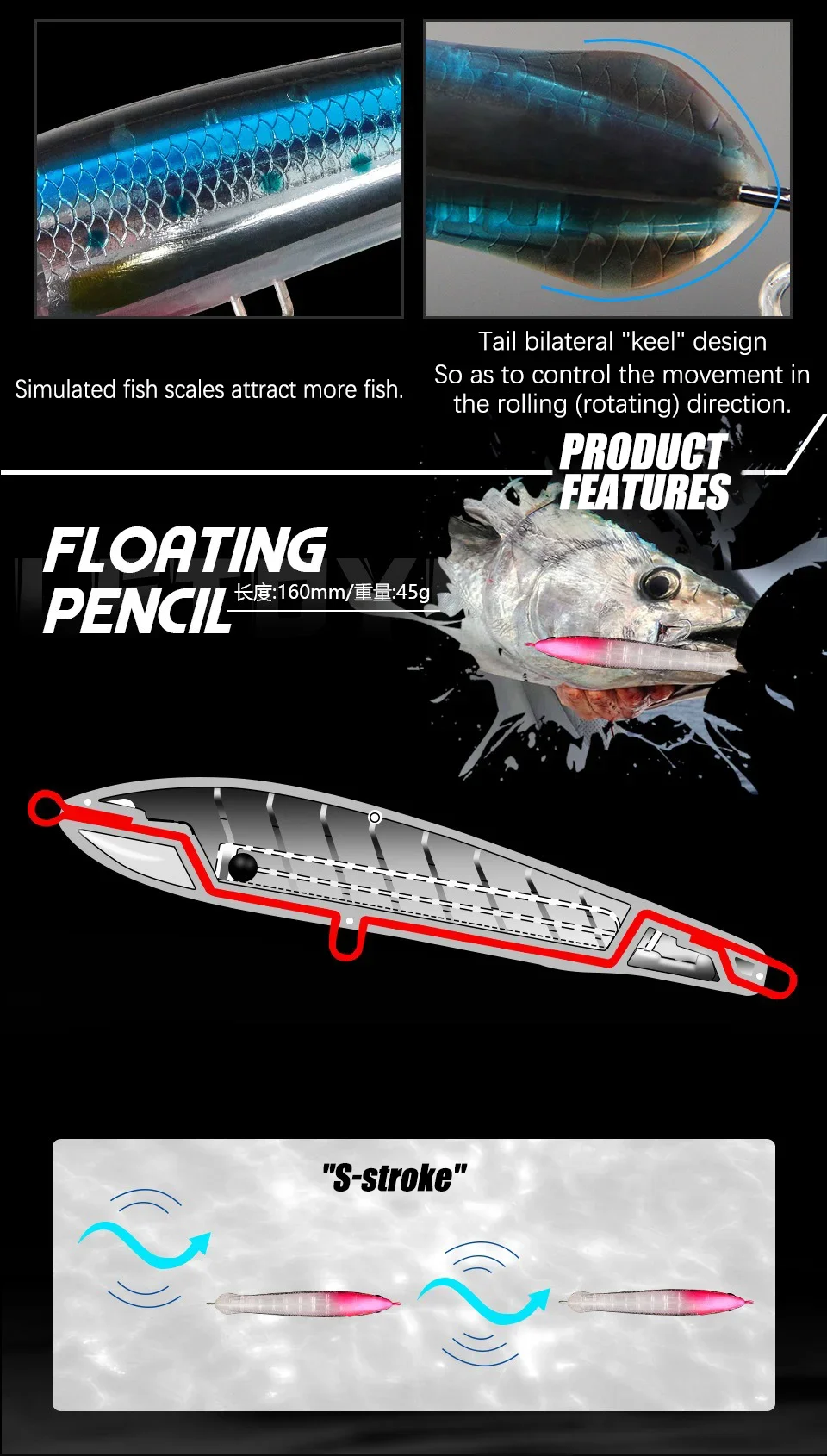 Detalle del cuerpo del señuelo con diseño de pez realista