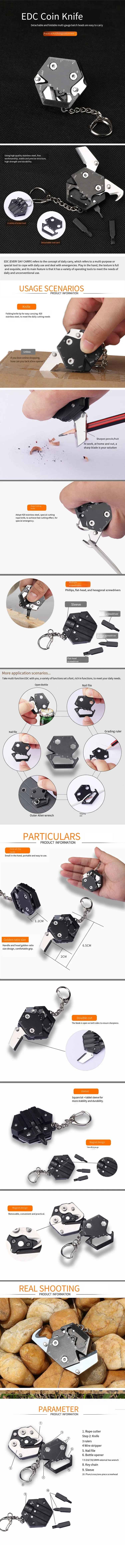 Moneda hexagonal multifuncional tipo EDC para exteriores