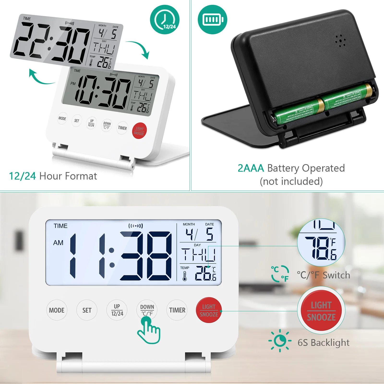 Reloj despertador digital ORIA con calendario y temperatura portátil - imagen 3