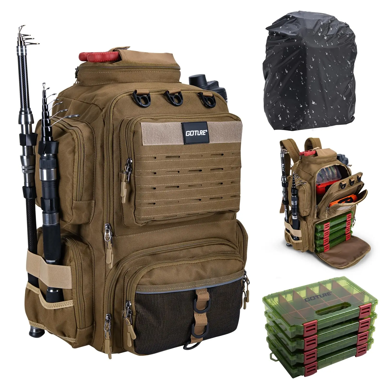 Vista frontal de la mochila de pesca Goture con soportes para caña