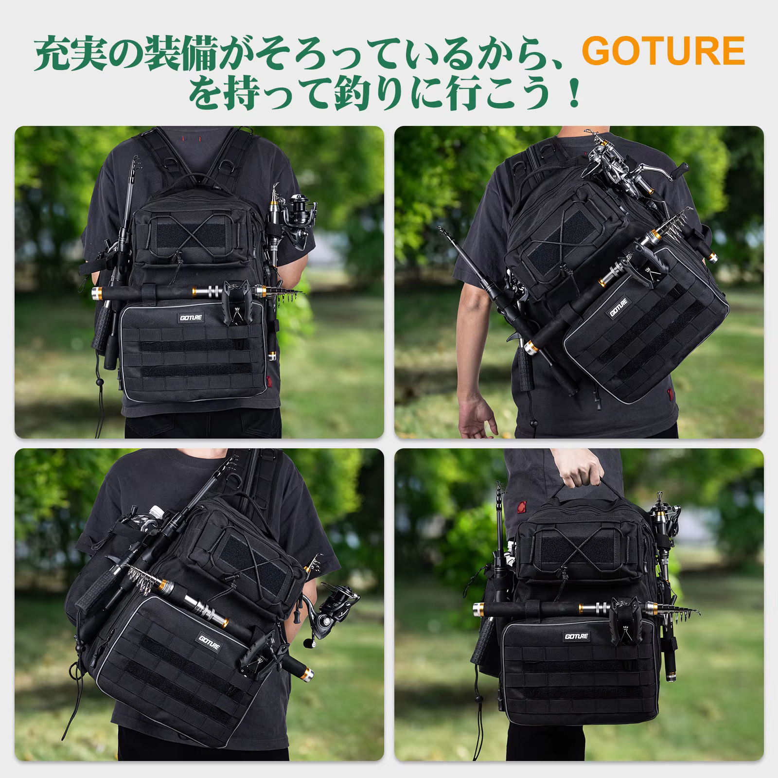 Mochila Goture de pesca impermeable – Soporte cañas y multibolsillos