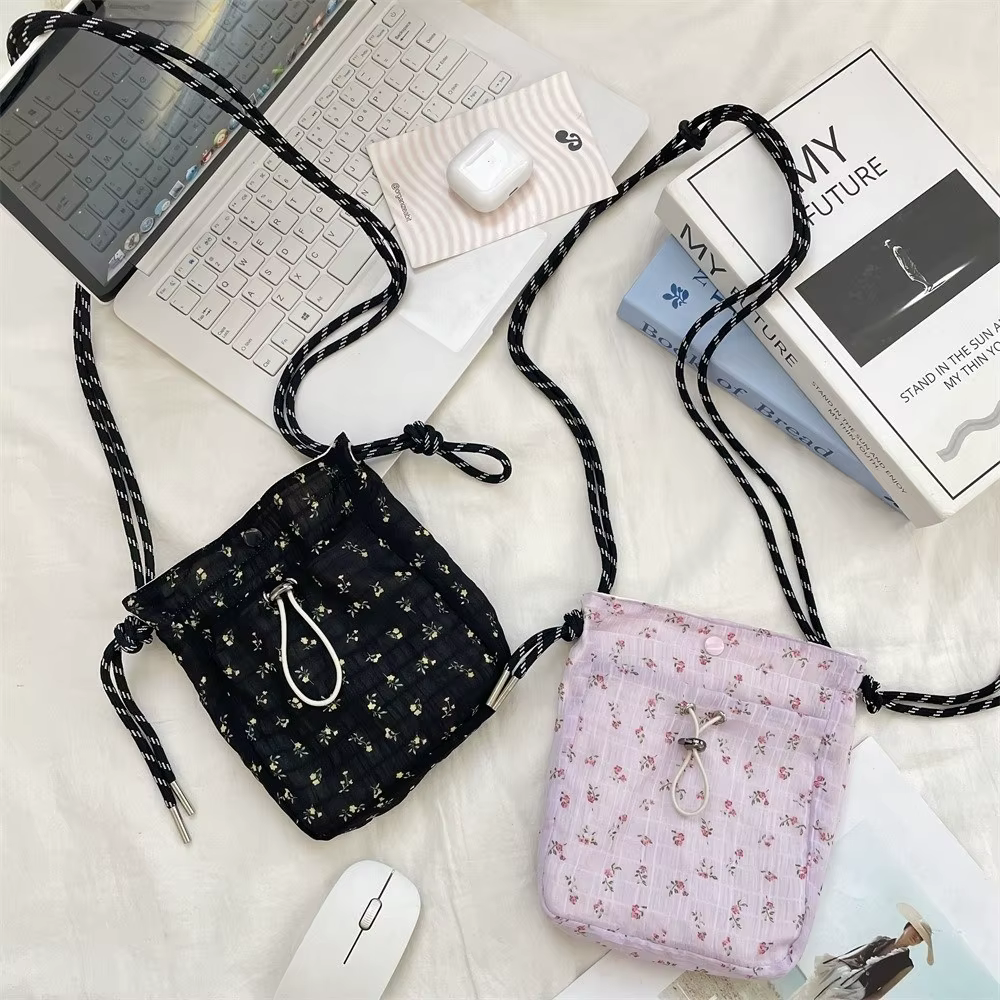 Bolso Bandolera de Lona con Estampado Floral y Cordón para Mujer - imagen 5