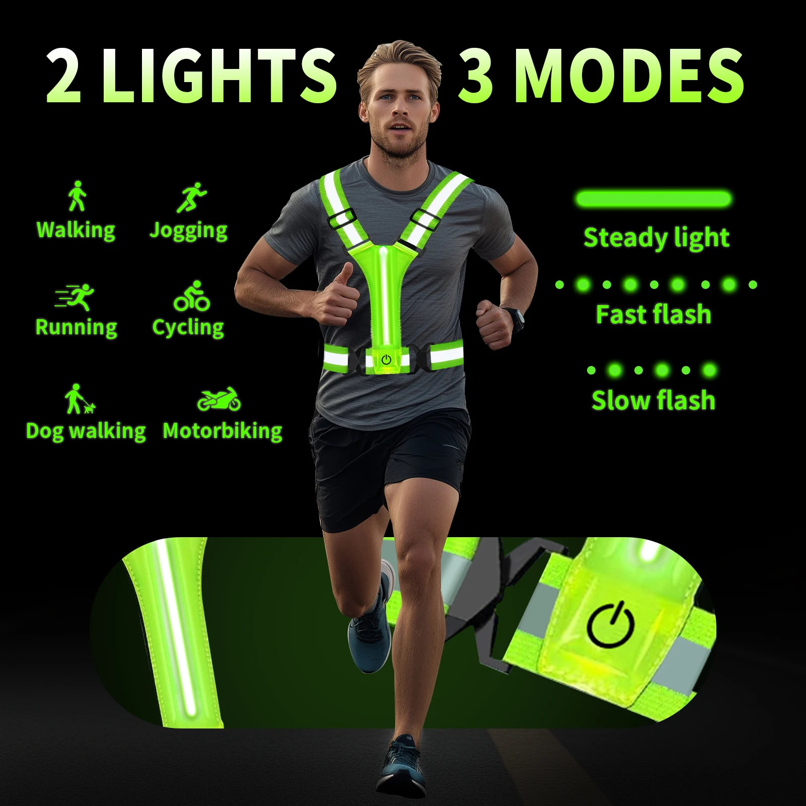 Chaleco reflectante LED USB recargable – Alta visibilidad para correr