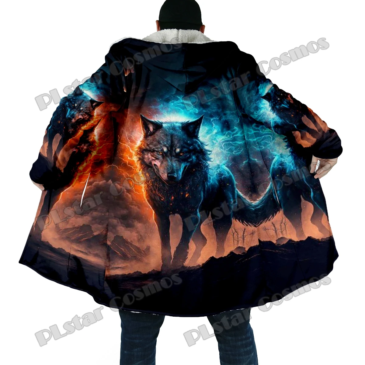 Capa de lana con capucha gruesa estampado 3D lobo y luna - imagen 4
