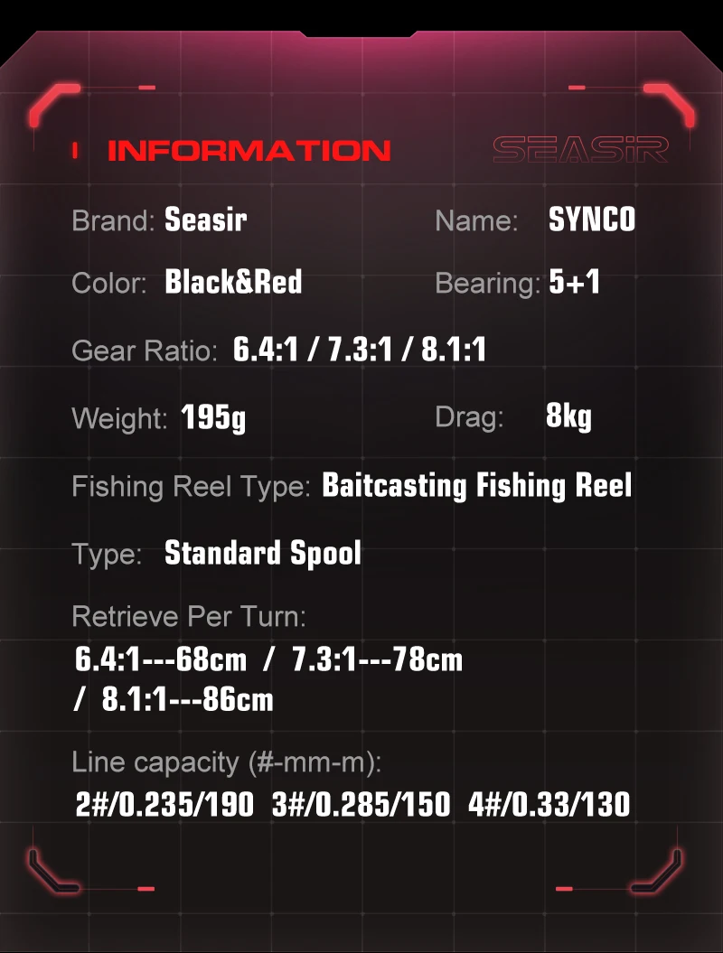 Carrete de pesca SEASIR SYNCO en negro y rojo