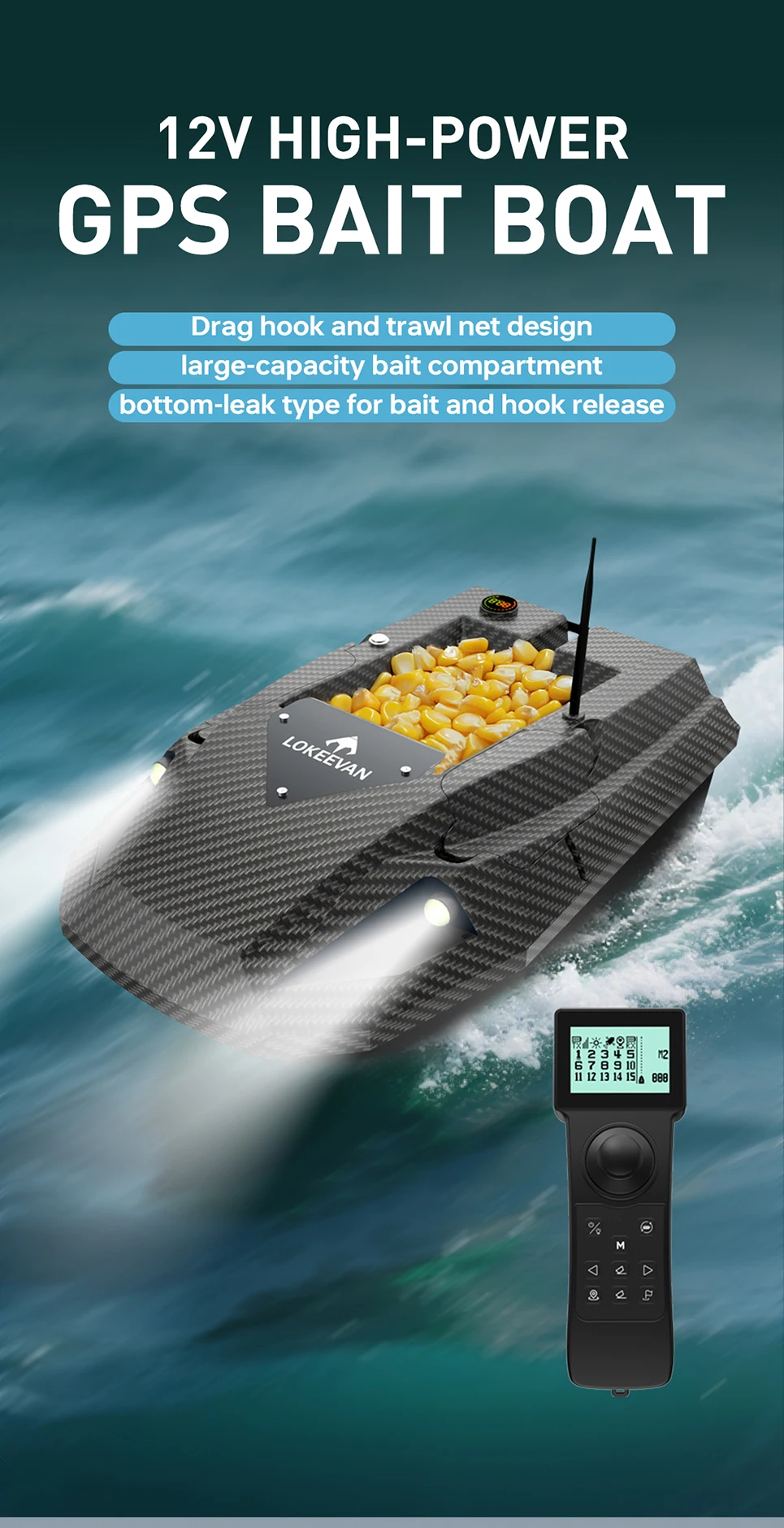 Barco cebador RC con control remoto y sistema GPS