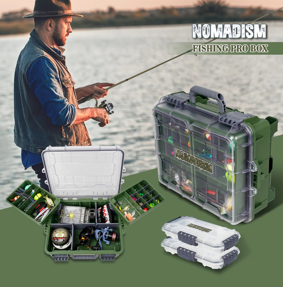 Caja de pesca multifunción con compartimentos organizados
