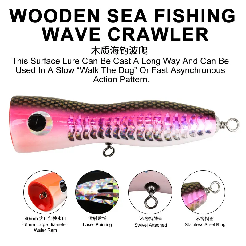 Señuelo Popper TEASER WD-104 de madera flotante Topwater para mar - imagen 5