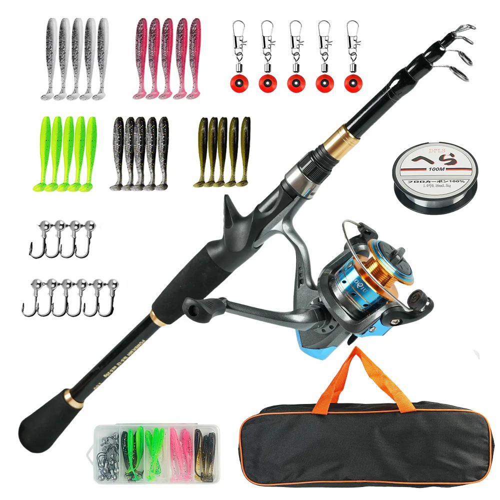 Kit de pesca retráctil portátil con anzuelo cebo colorido y bolsa