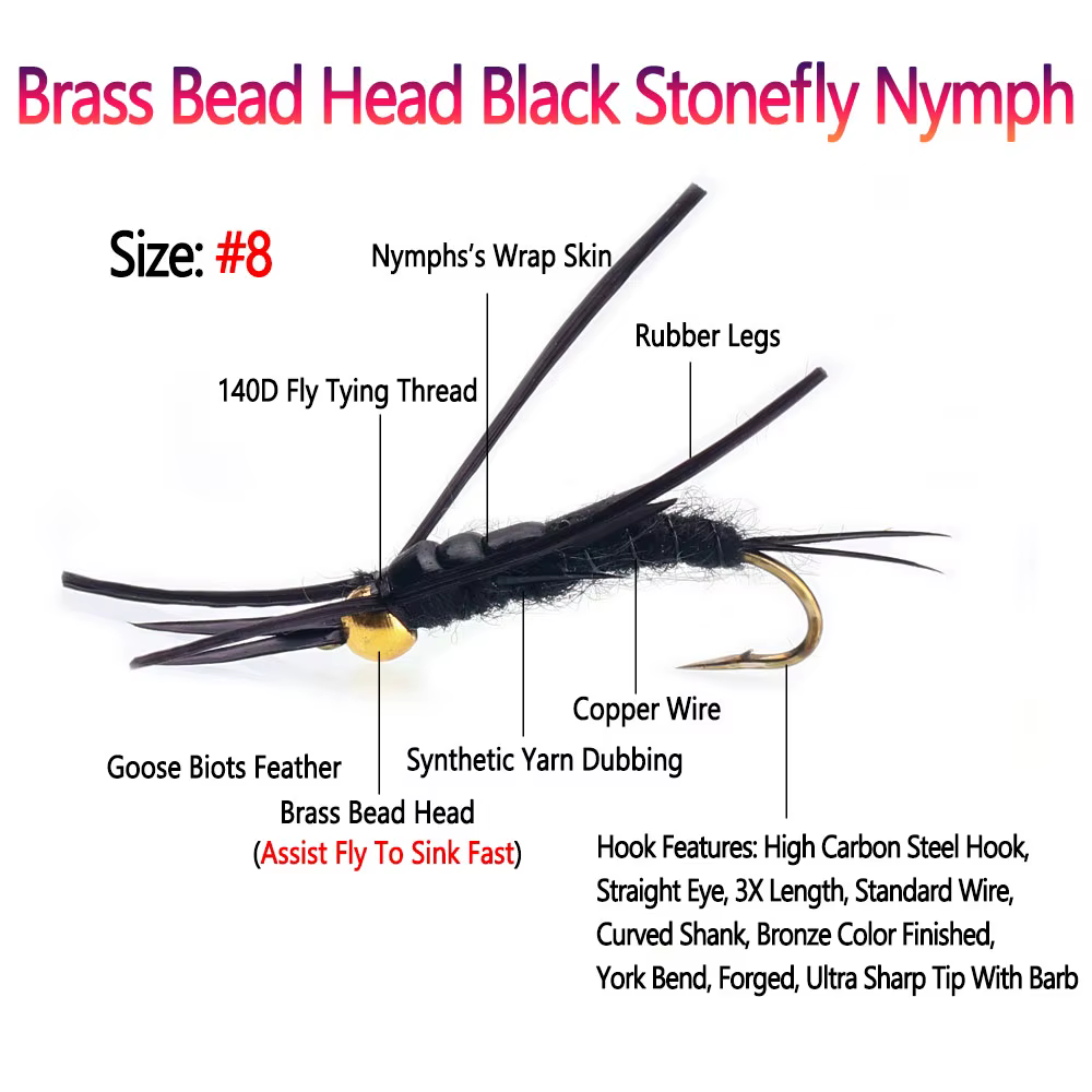 Bimoo Señuelos Ninja Stonefly Trucha Cabeza Latón Hundimiento Rápido - imagen 4