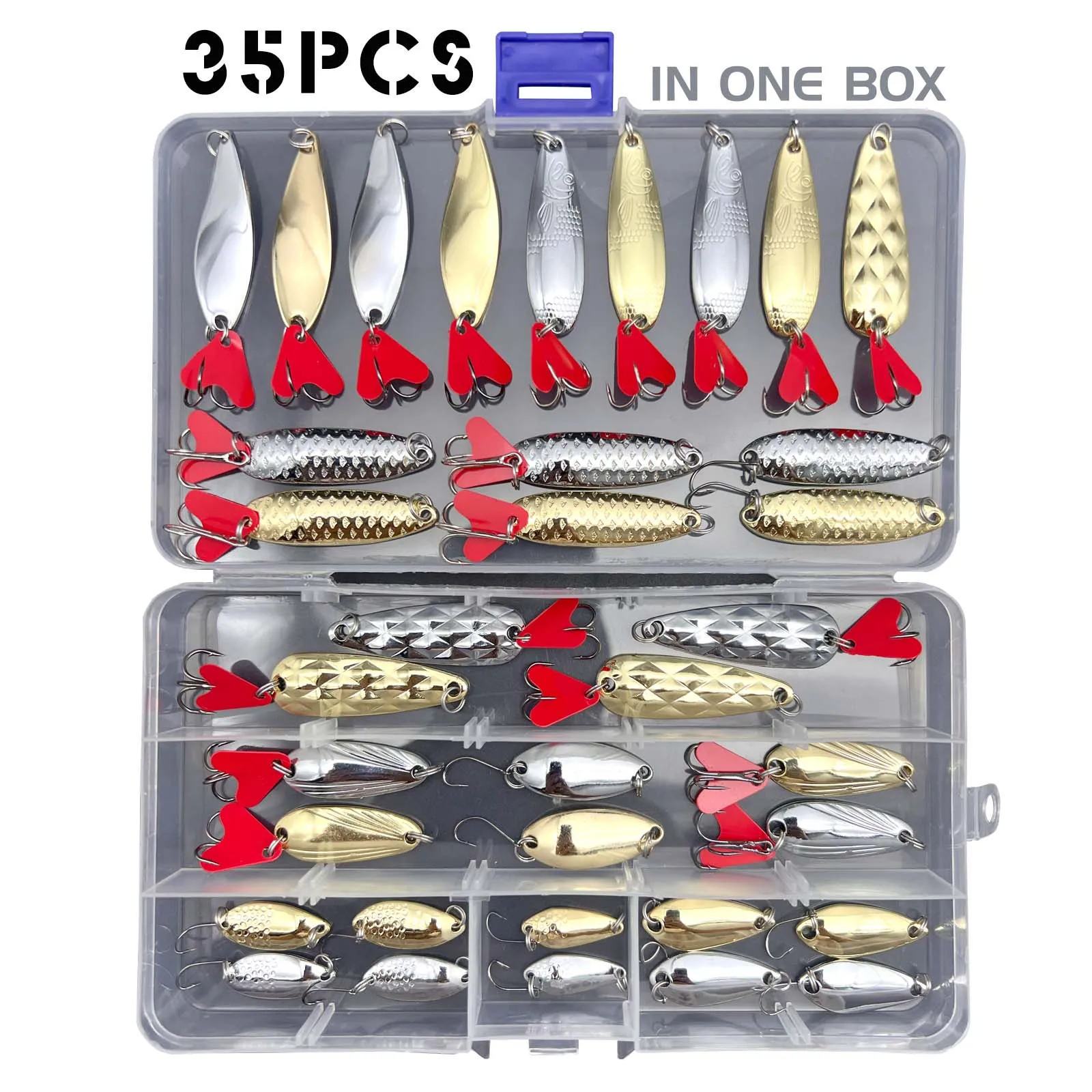 Kit de señuelos cucharas plateado y dorado con caja de aparejos - imagen 3