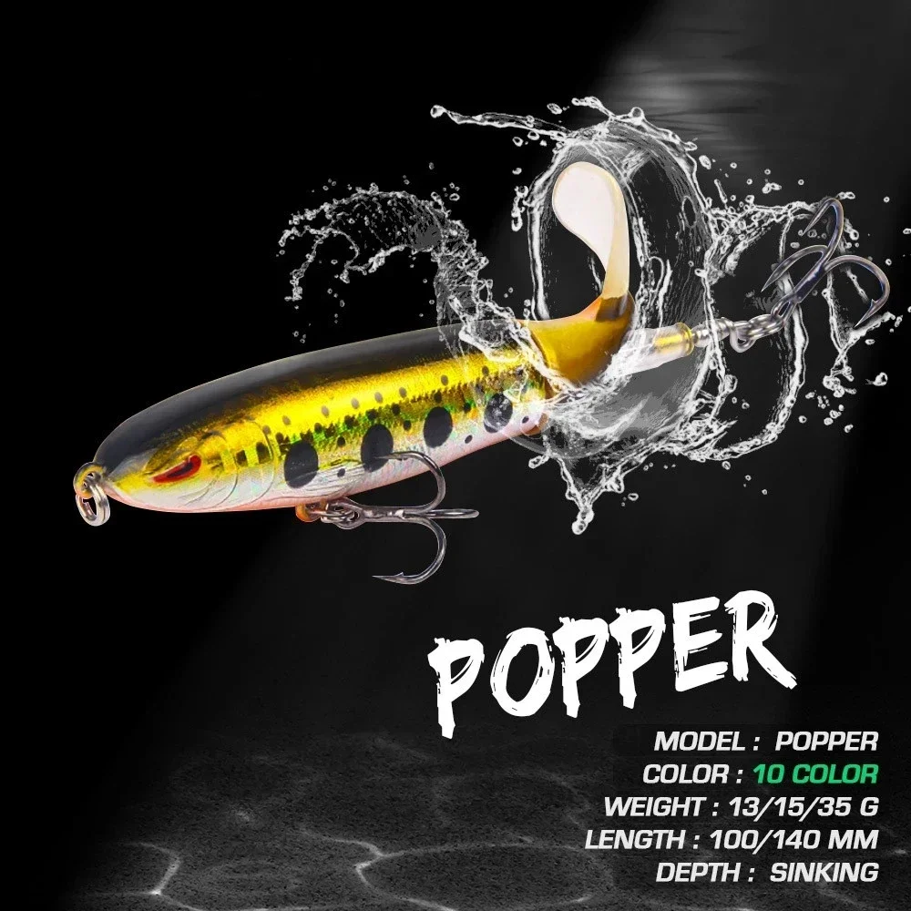 Set de tres señuelos topwater Pencil Plopper con hélices y cola suave