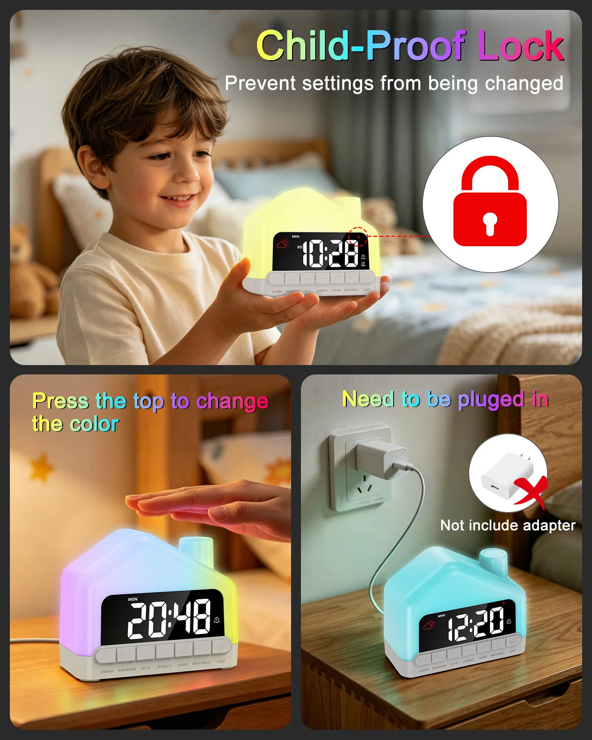 Reloj despertador RGB USB-C con alarma dual y bloqueo infantil - imagen 3