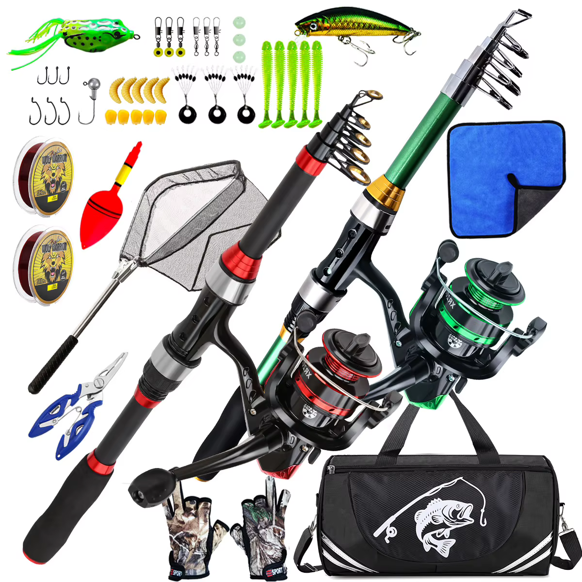 Kit pesca doble caña 1,8 m multifuncional con carretes y señuelos