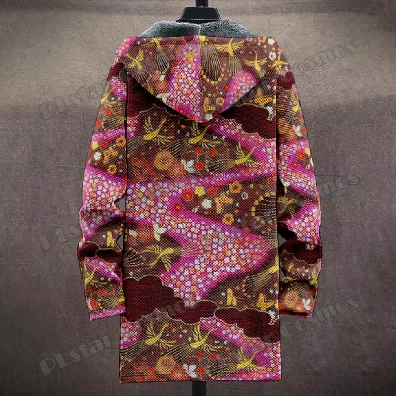 Abrigo largo de hombre con capucha, felpa y estampado floral 3D - imagen 4
