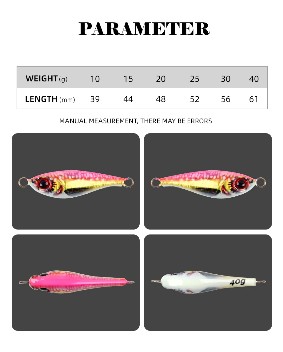 Paleta de colores disponibles del señuelo de jigging lento