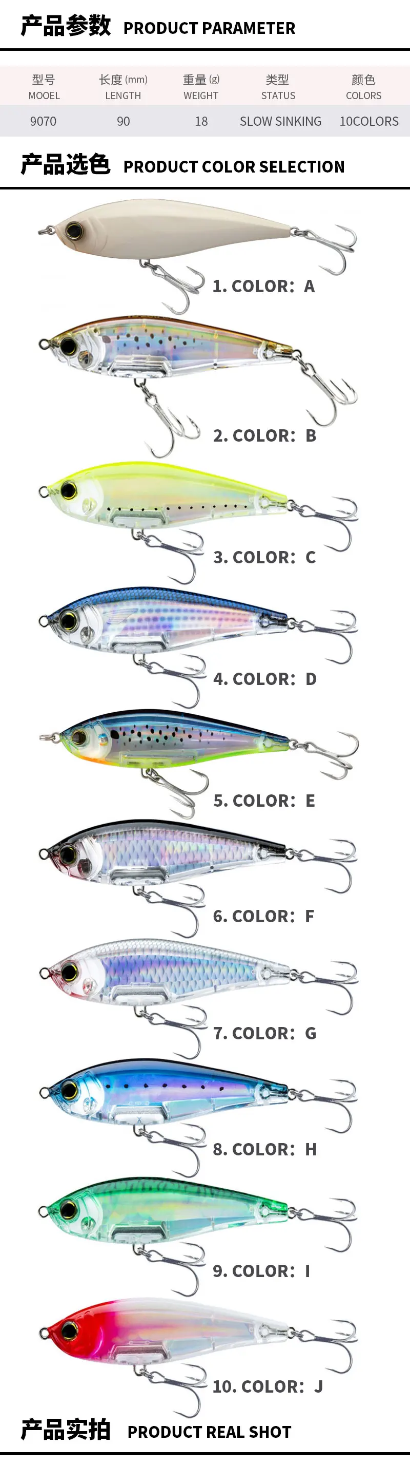 Detalle del perfil alargado y diseño del señuelo de pesca tipo lápiz de 90 mm