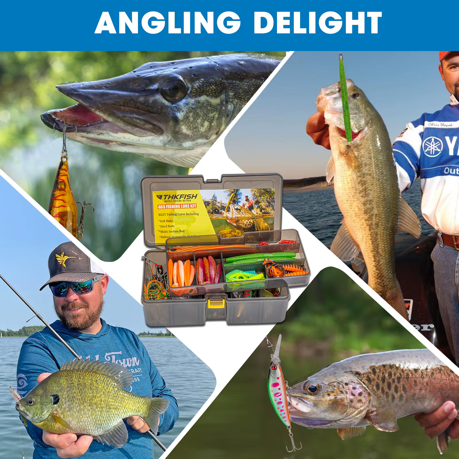 Vista completa del kit de señuelos de pesca 403 piezas