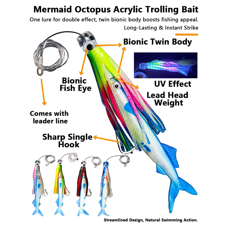 Señuelo UV de doble cuerpo biónico para pesca en alta mar