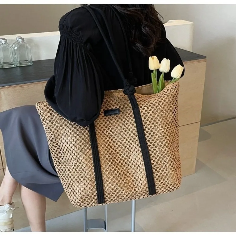 Bolso tote de paja tejido a mano con doble asa y ribete