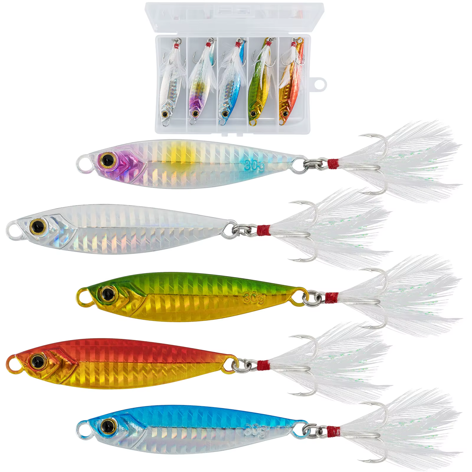 Conjunto de jigs con anzuelos triple y plumas