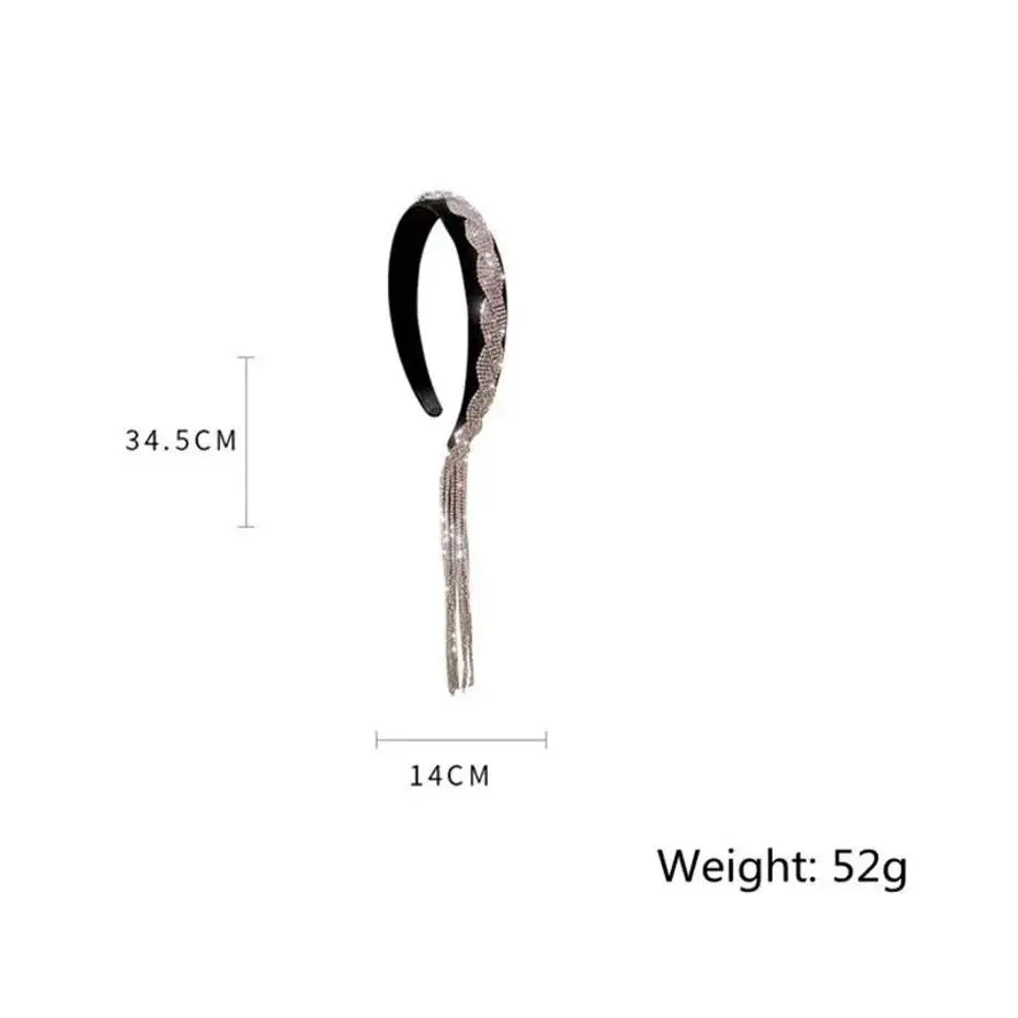 Diadema terciopelo negra asimétrica con diamantes y borla larga para mujer - imagen 5