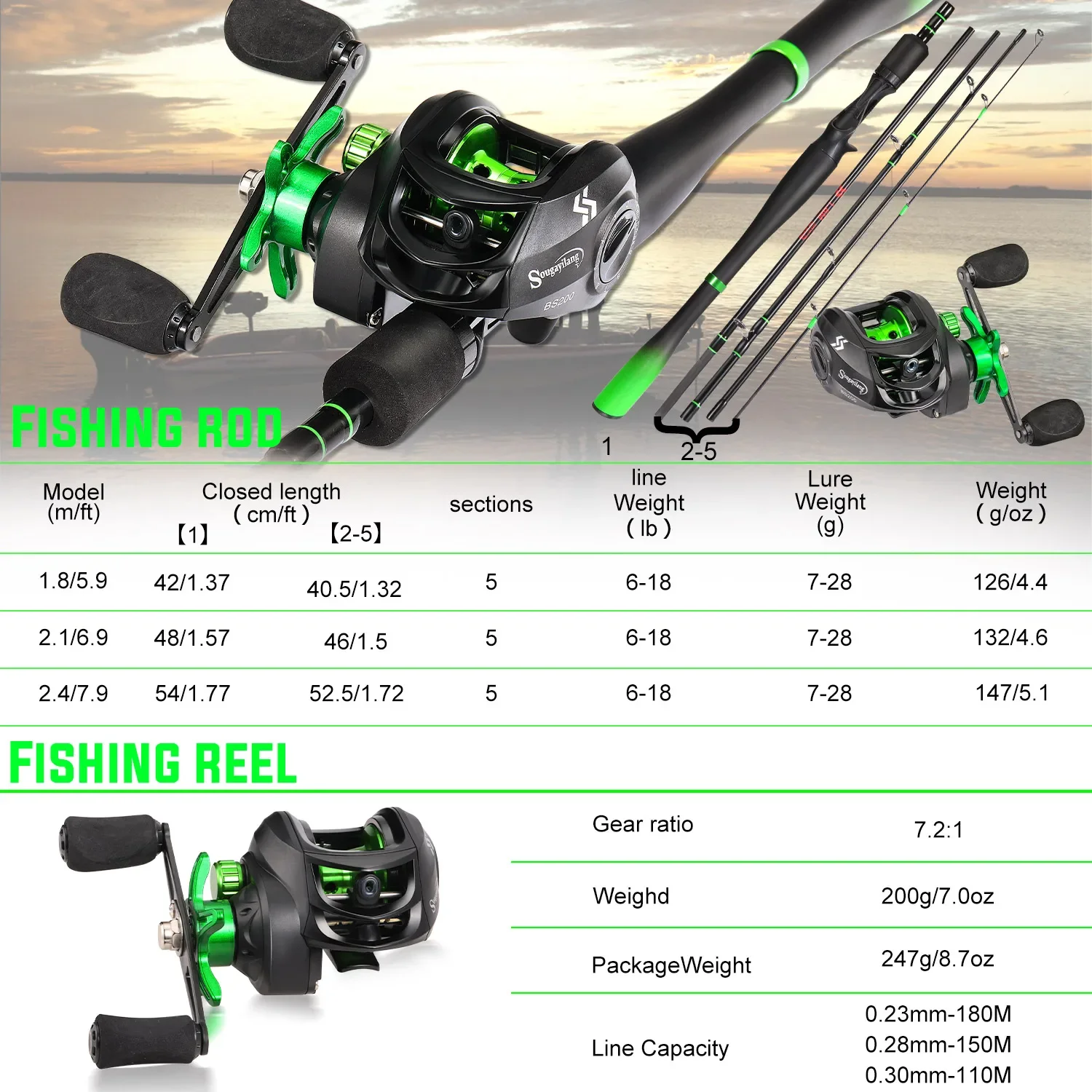 Sougayilang Combo Baitcasting Ultraligero Caña y Carrete Fibra Carbono - imagen 5