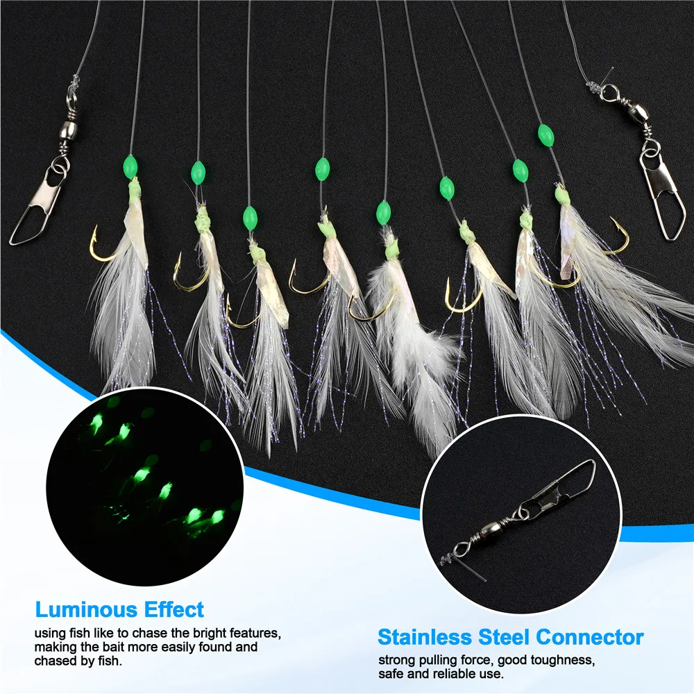 Señuelos luminosos con plumas y piel de pez para macarela agua salada