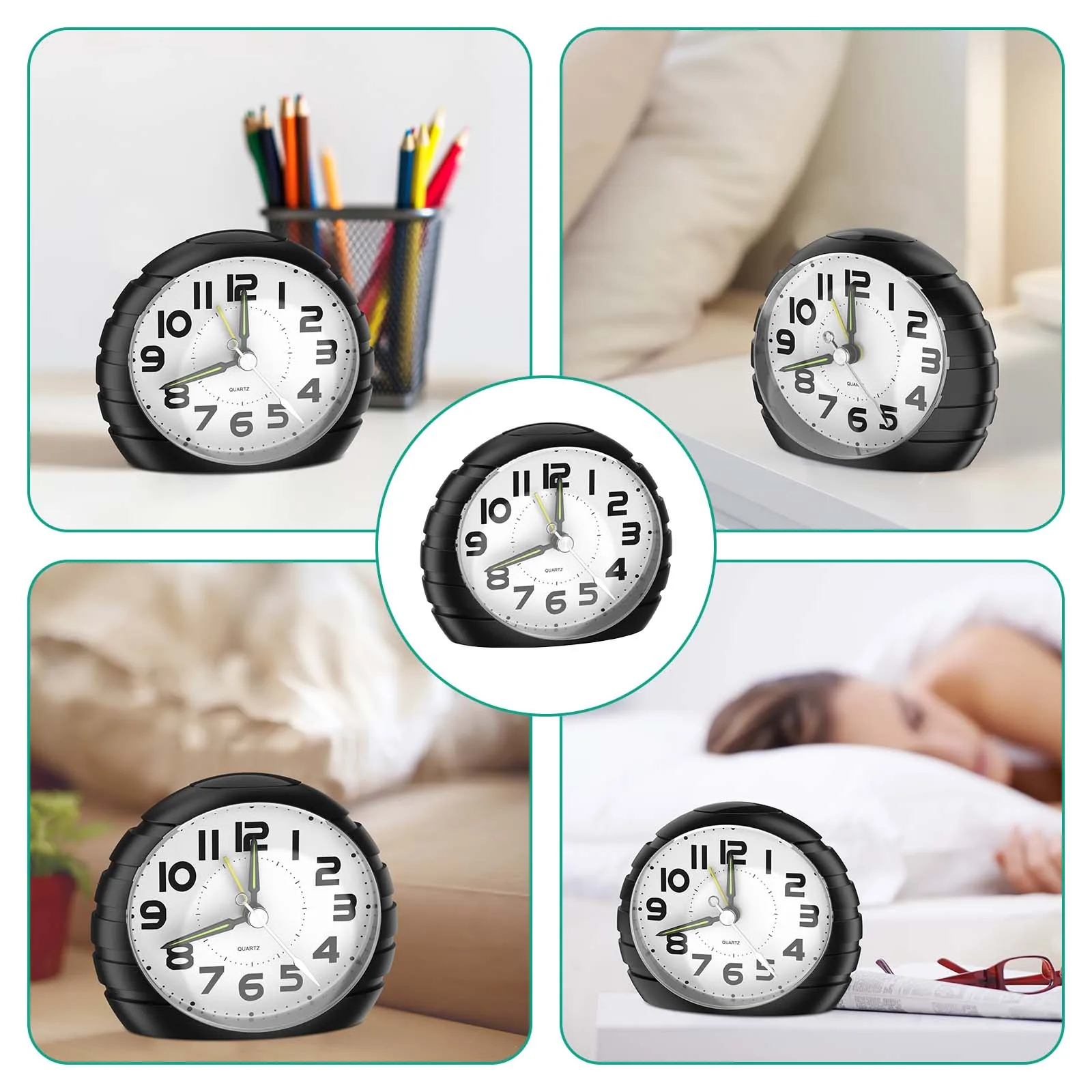 Reloj despertador analógico ORIA en color blanco sobre mesa de noche