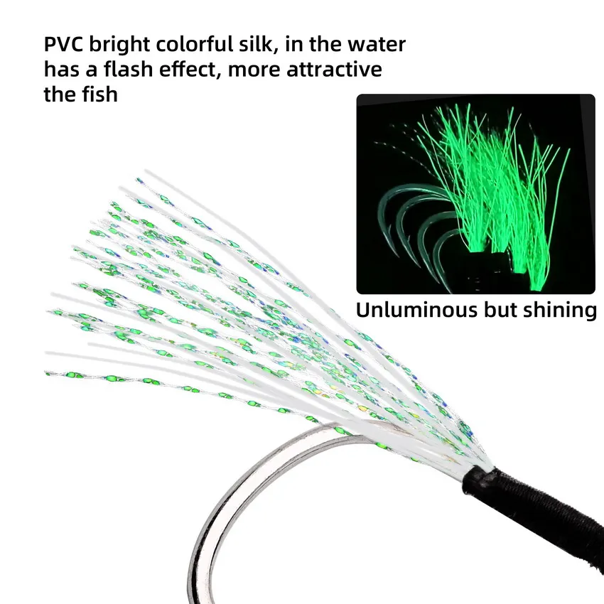 Anzuelos luminosos con pluma atada para jigging en agua salada