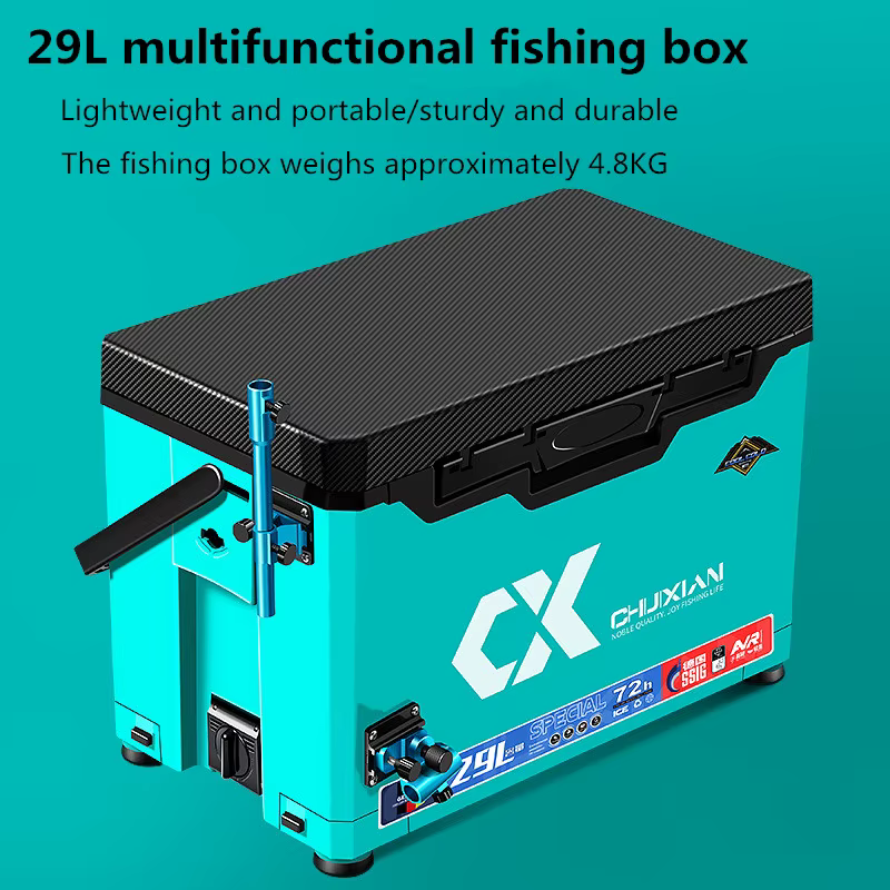 Cubo de pesca multifuncional con asiento y plataforma portacebos