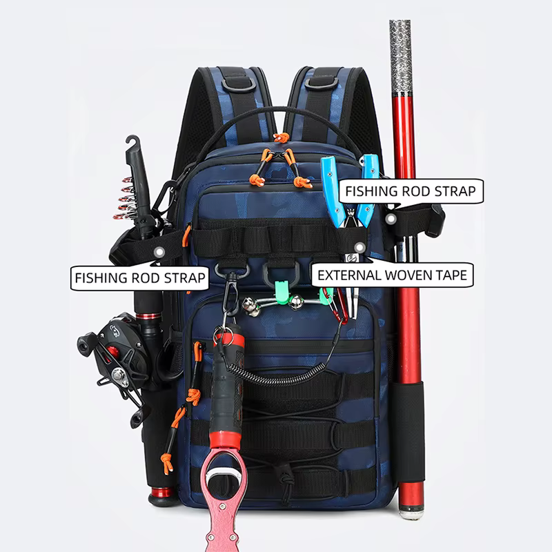 Mochila táctica Molle con soporte para cañas y señuelos de pesca