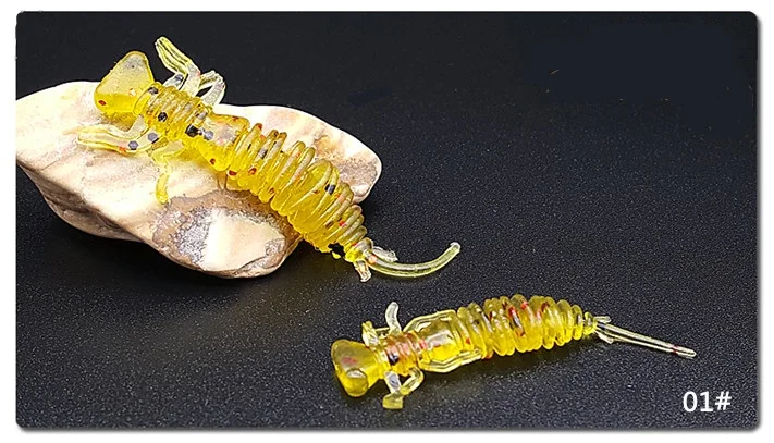 Gusanos blandos tipo larva y libélula en colores variados