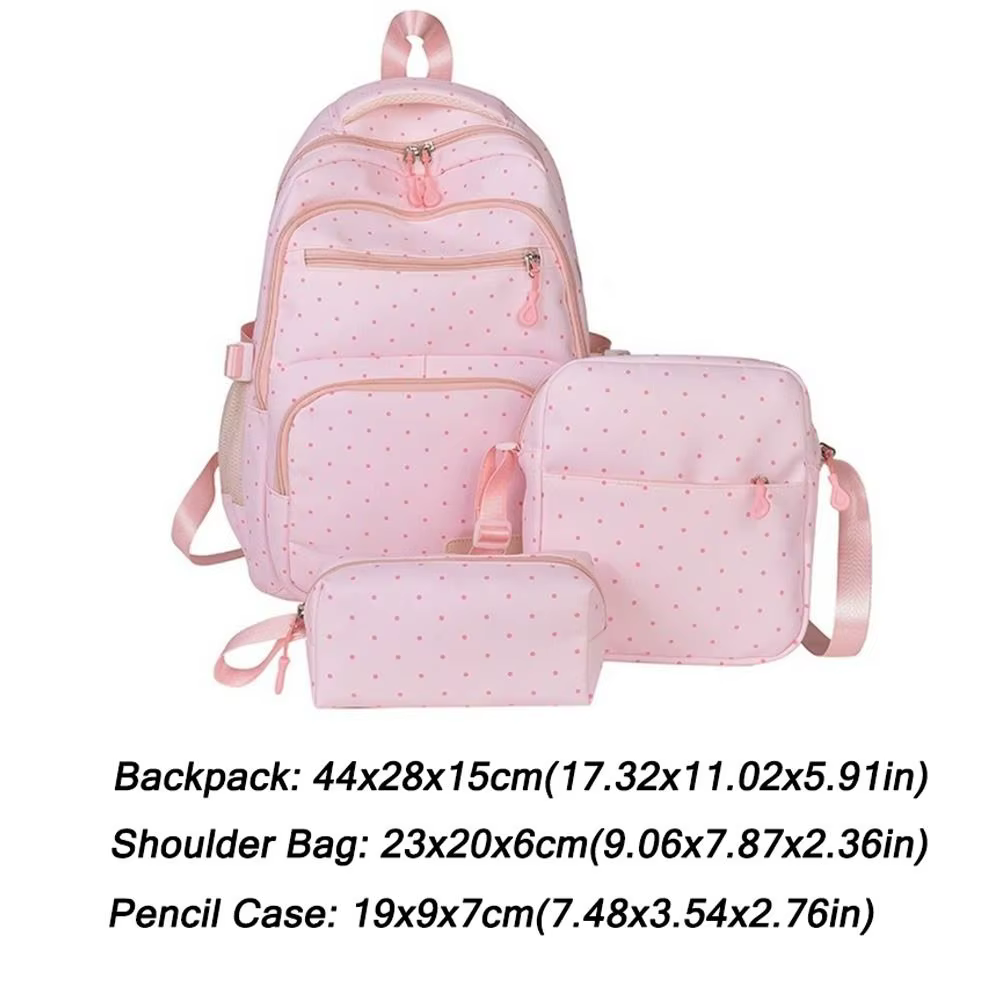 Mochila escolar de nylon con diseño de lunares y accesorios
