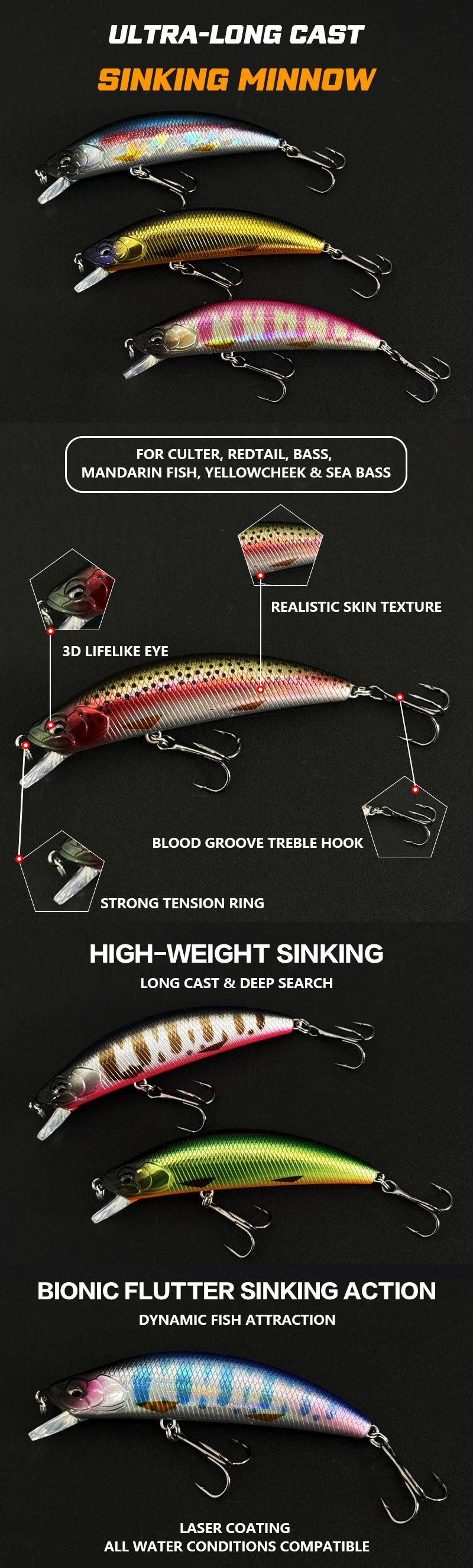 Señuelo Minnow de 80mm con acabado realista en colores de agua dulce