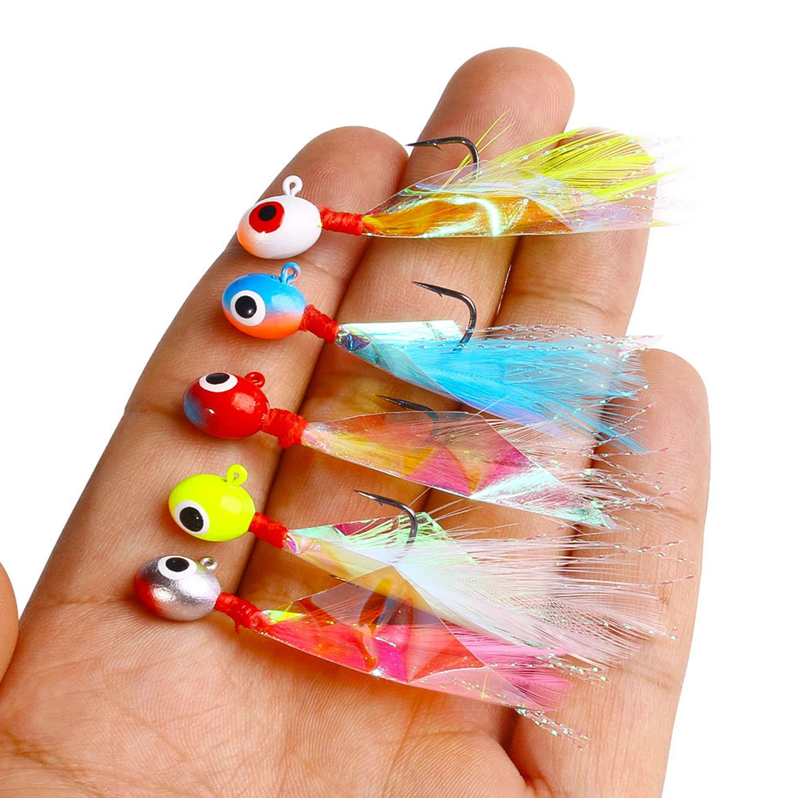 Crappie jigs con cabeza ovalada y pluma de arcoíris - imagen 5