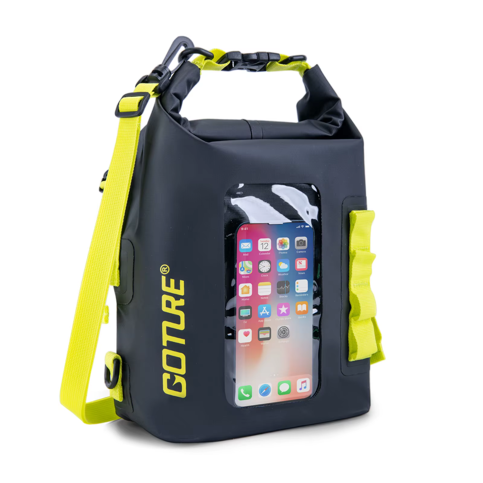 Detalle de la pantalla táctil en la bolsa impermeable