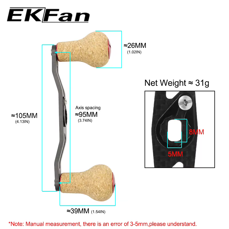 Manivela Carrete EKfan Fibra Carbono 105mm Perilla Madera Intercambiable - imagen 3