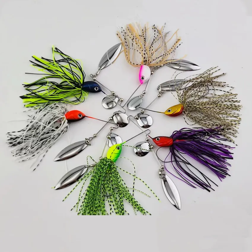 Spinnerbait de doble pala en tonos dorados y rojos