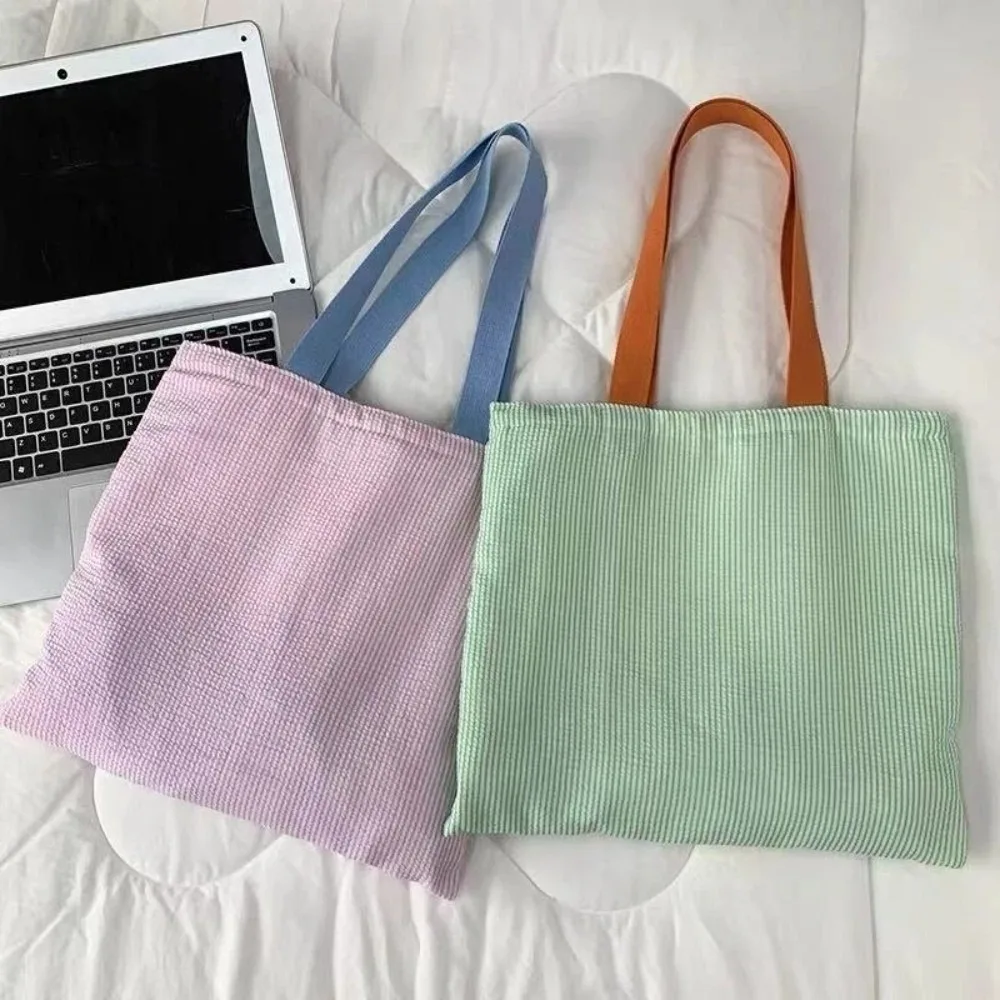 Bolso de hombro de lona con cremallera cuadrado a rayas gran capacidad - imagen 5