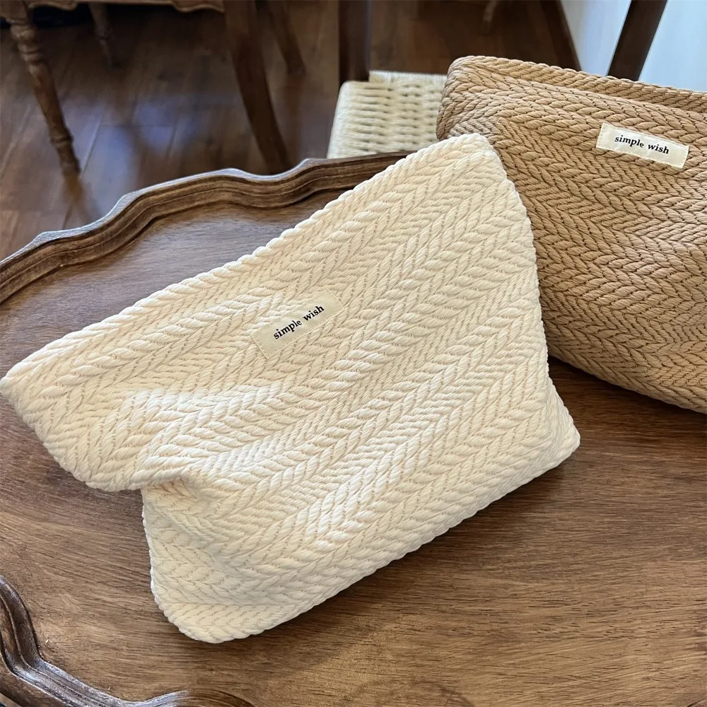 Bolsa cosméticos portátil de tela tejida gran capacidad beige café - imagen 3