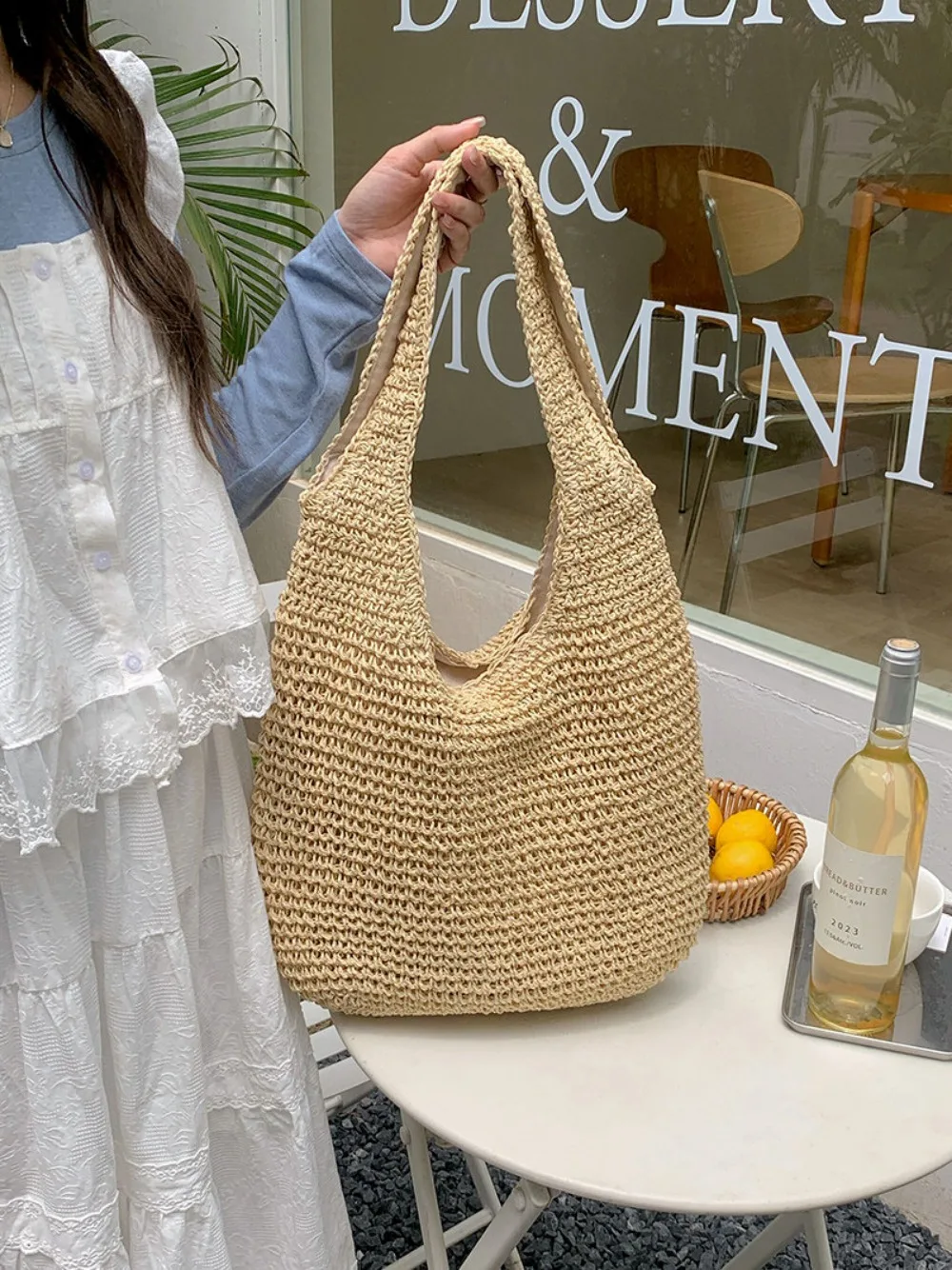 Bolso tote de gran capacidad en tejido de paja