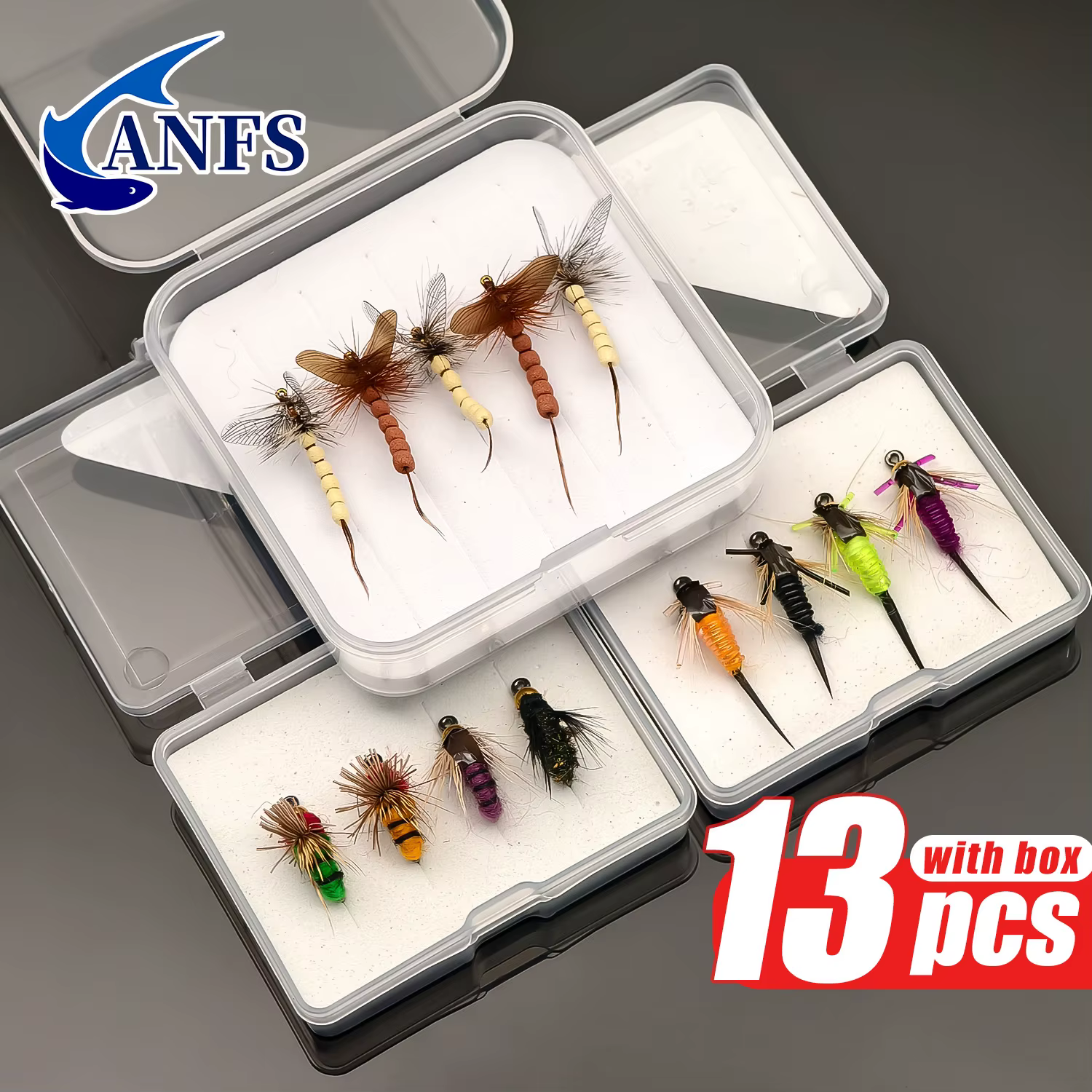Moscas artificiales ANFS – Set 13 diseños secas y húmedas atadas a mano para pesca a mosca