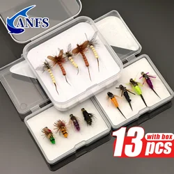 Moscas artificiales ANFS – Set 13 diseños secas y húmedas atadas a mano para pesca a mosca