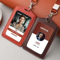 Porta credenciales de cuero genuino con cordón y funda para identificación