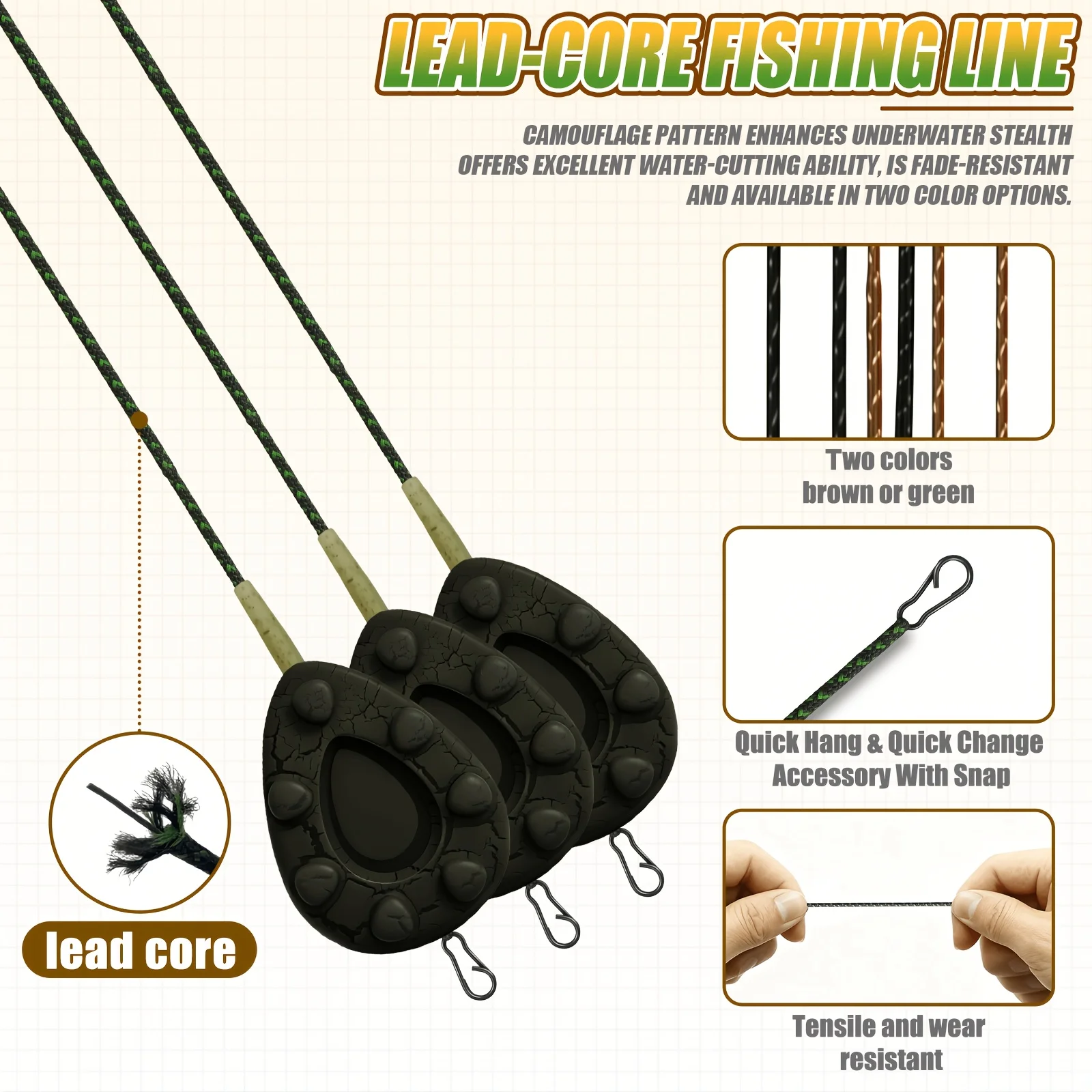 Línea leadcore para carpa camuflaje verde/marrón con aparejos - imagen 2