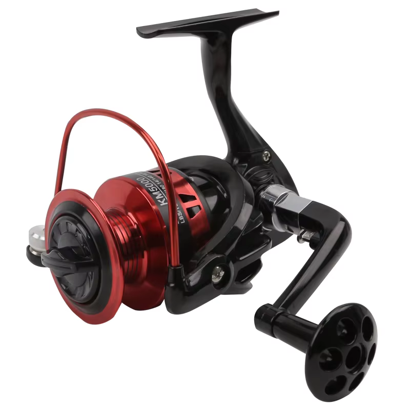 Carrete de pesca negro rojo vista completa
