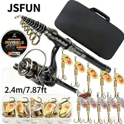 JSFUN Kit Caña y Carrete de Pesca con fluorocarbono y señuelos